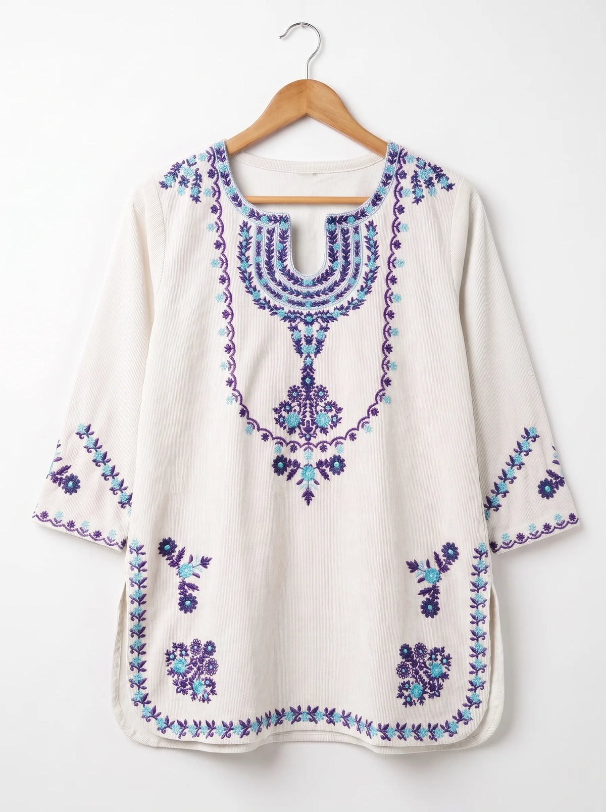 Front Embroidery White Corduroy Co-Ord Set For Women