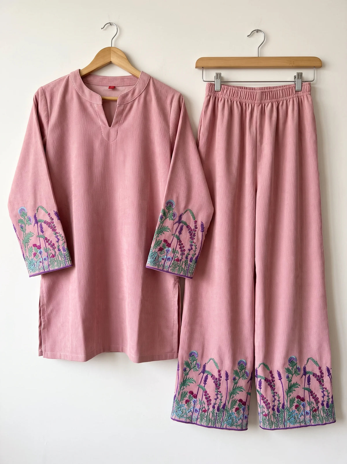 Floral Embroidery Notch-Neck Light Pink Corduroy Co-Ord Set For Women