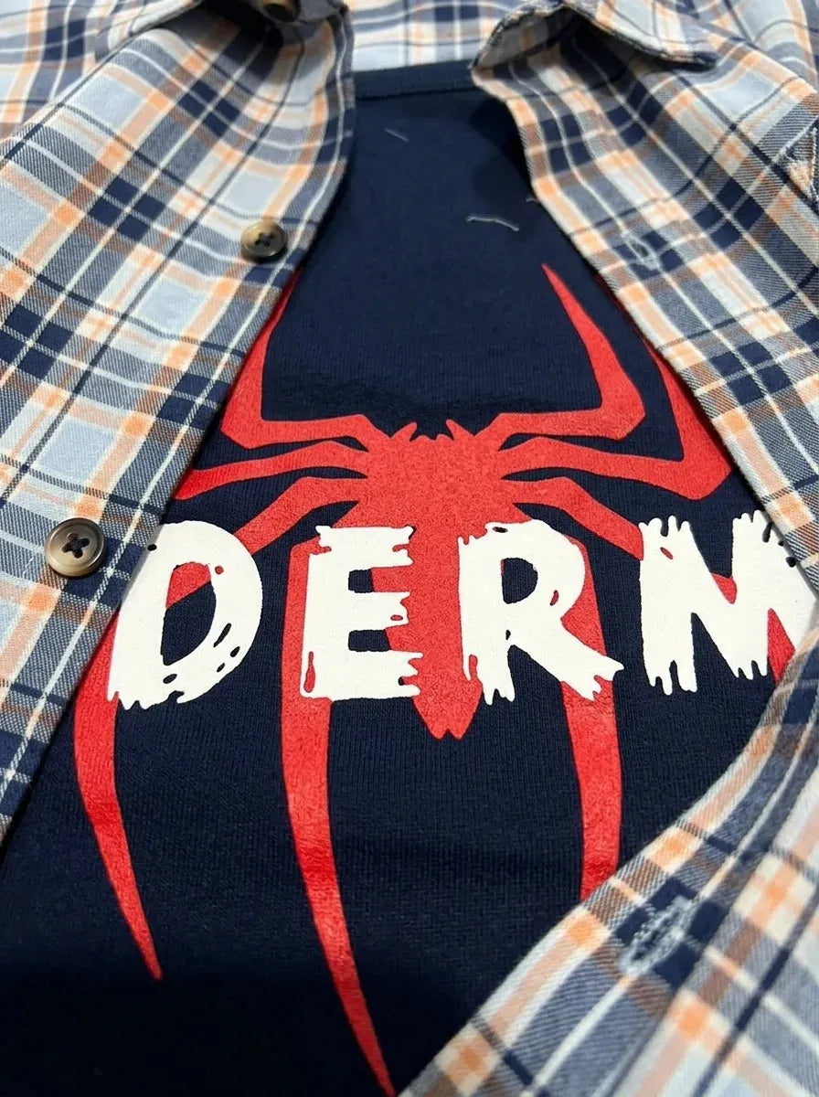 Spider-Man Navy Inner Full Sleeve Light Blue, Navy & Peach Plaid Double Casual Shirt R-473