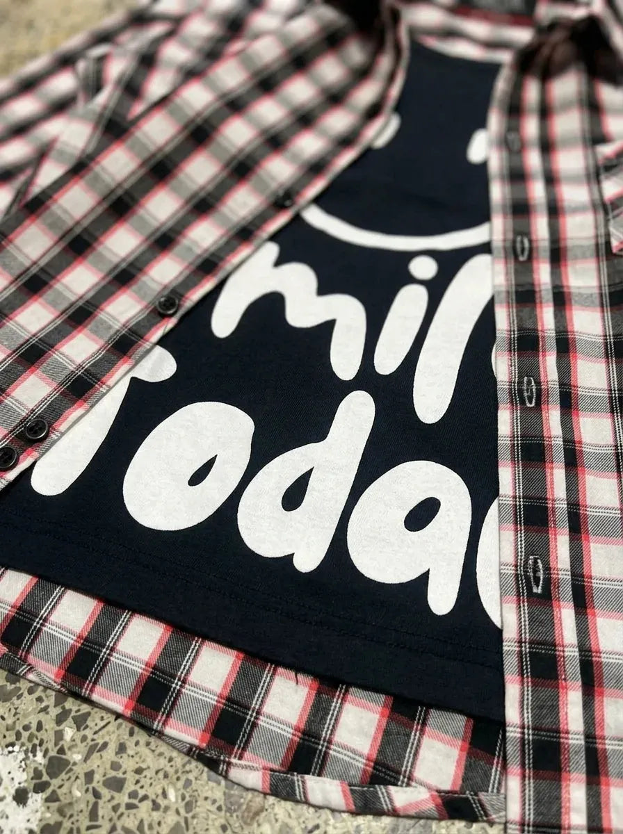 Smile Today Black Inner Full Sleeve Black, Red & White Plaid Double Casual Shirt R-416