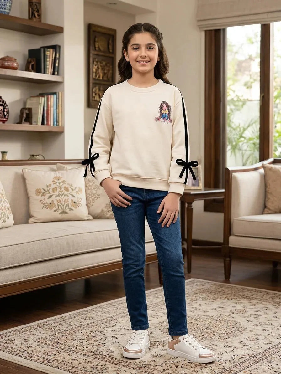 Cute Doll Graphic Ribbon-Bow Beige Sweatshirt For Girls R-588