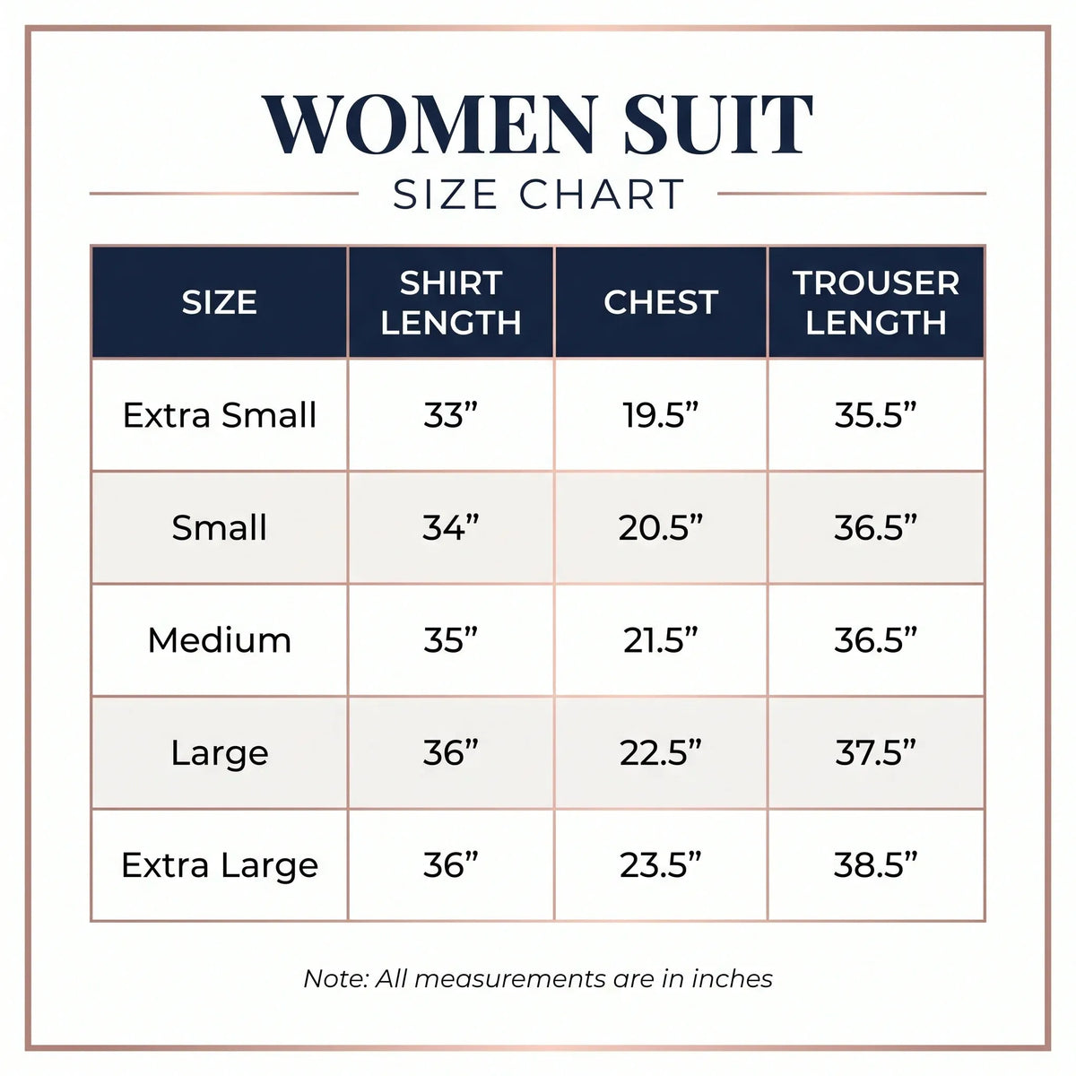 A women's suit size chart graphic showing measurements for shirt length, chest, and trouser length by size from Extra Small to Extra Large.