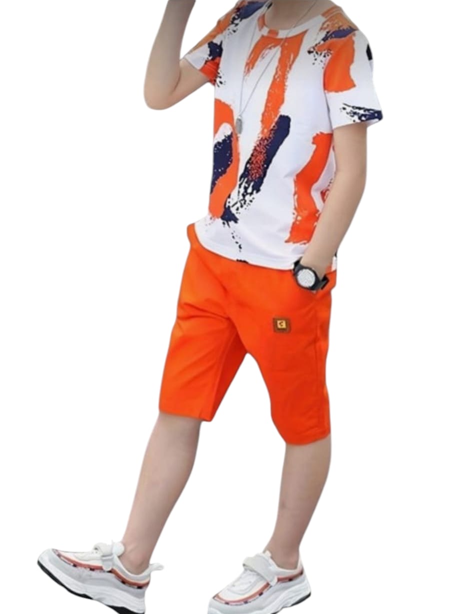 Orange & Black Shade Half Sleeve White Nicker Suit Boys ( R-399 )