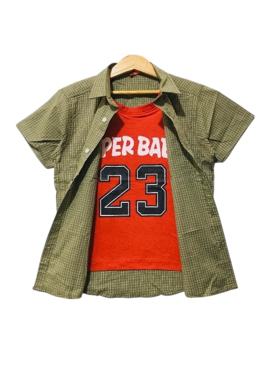 Super Baby Red Inner Mehndi Check Double Casual Shirt Boys