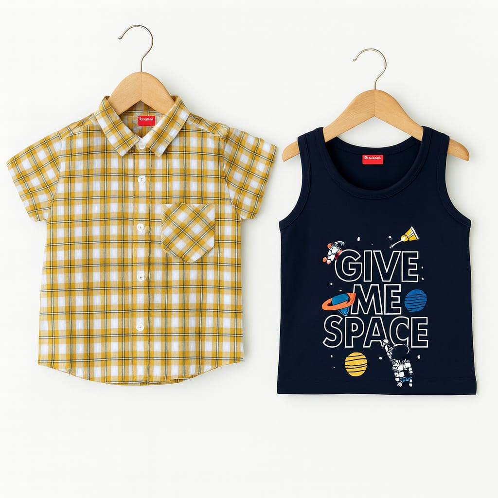Give Space Navy Inner Copper Check Double Casual Shirt Boys