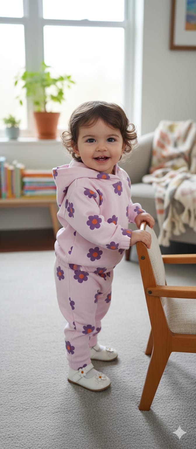 Purple Flower Allover Print Baby Pink Hoodies Track-Suit Newborn