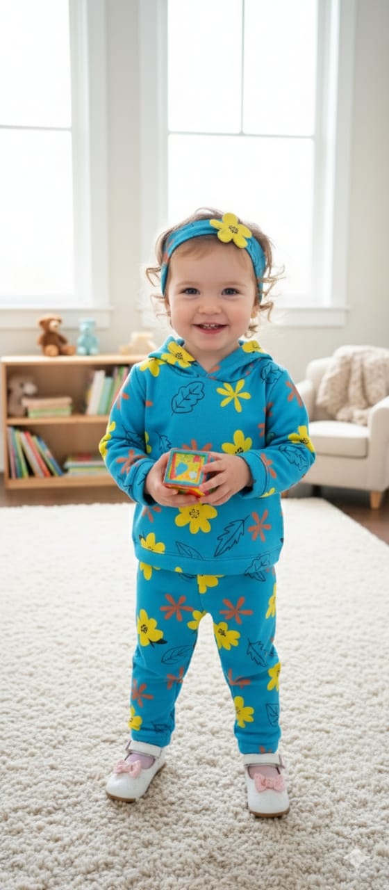 Flower & Leaves Ferozi Hoodies Track-Suit Newborn