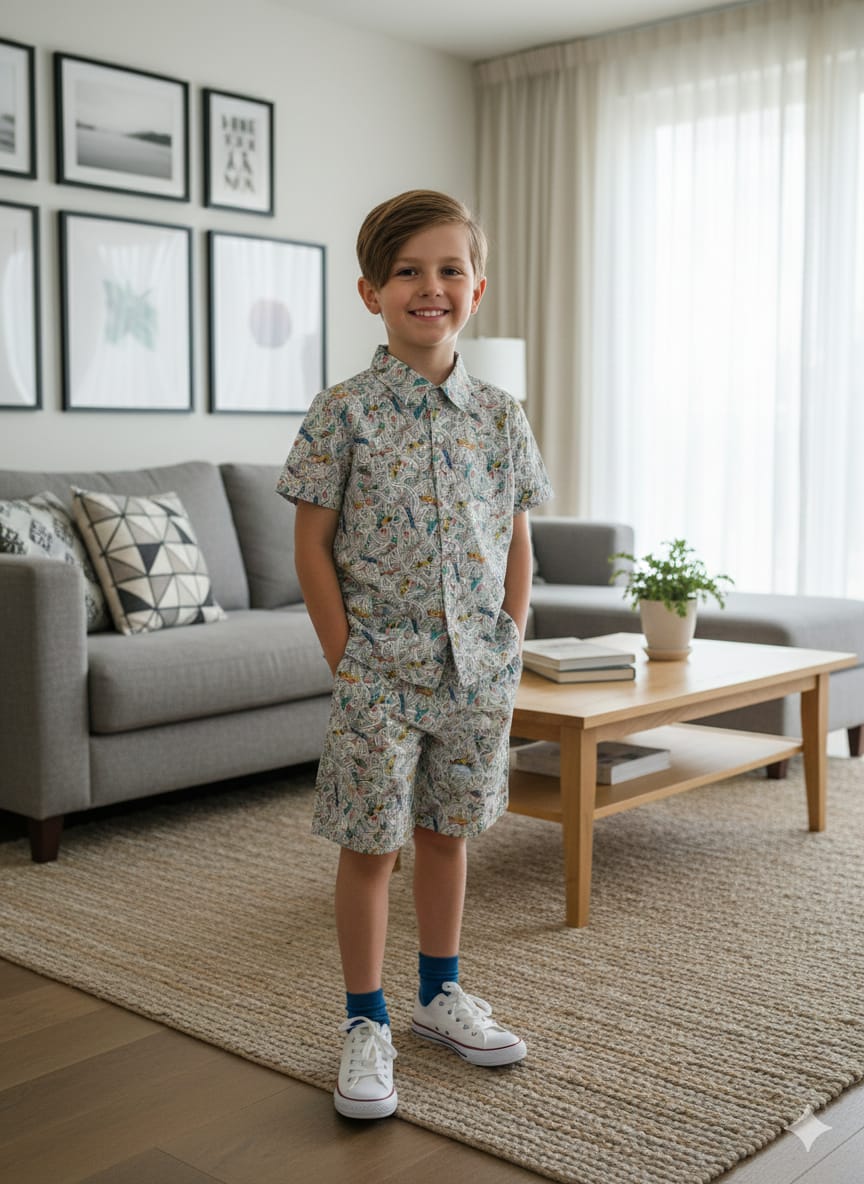 Car Printing White Casual Nicker Suit Boys (R-340 N)