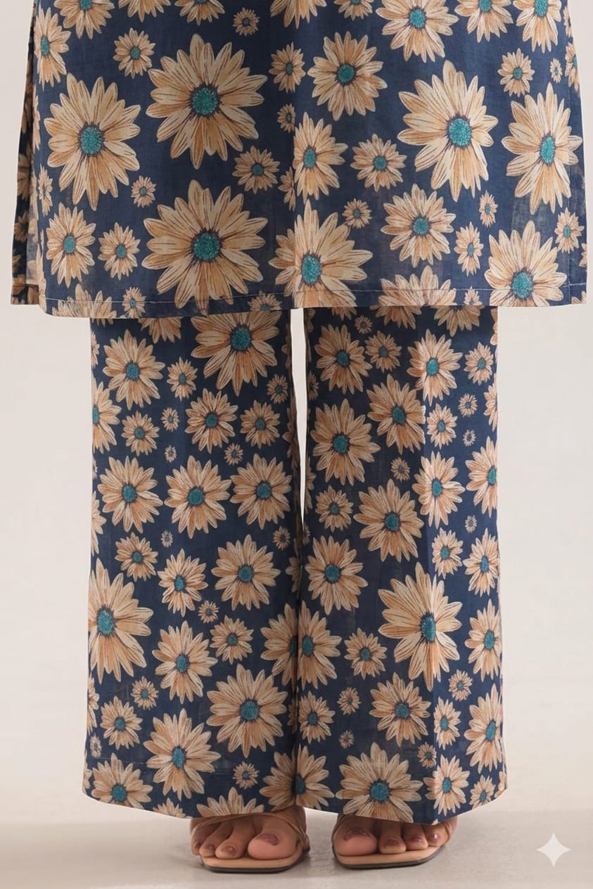 Unstitched Printed Suit- Brown Flower Navy 2 Piece Suit