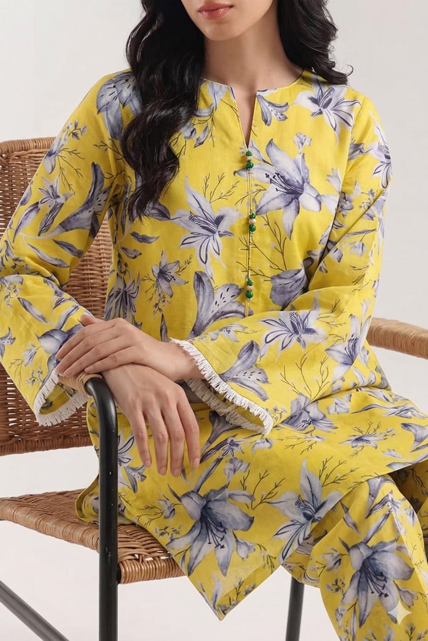 Unstitched Printed Suit- Gray Flower Yellow 2 Piece Suit