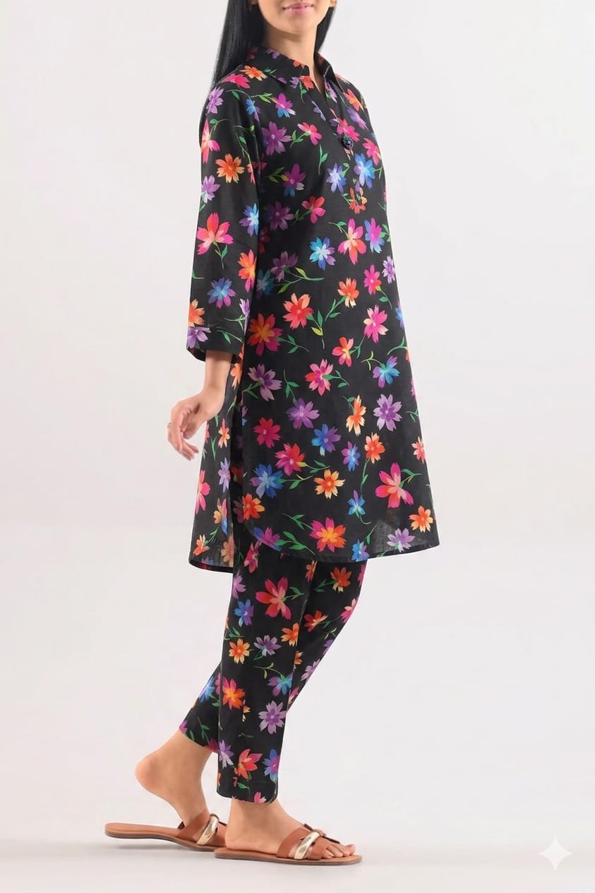 Unstitched Printed Suit- Multi Flower Black 2 Piece Suit