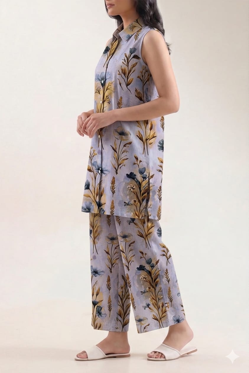 Unstitched Printed Suit- Autumn Sky Floral Print Light Purple 2 Piece Suit