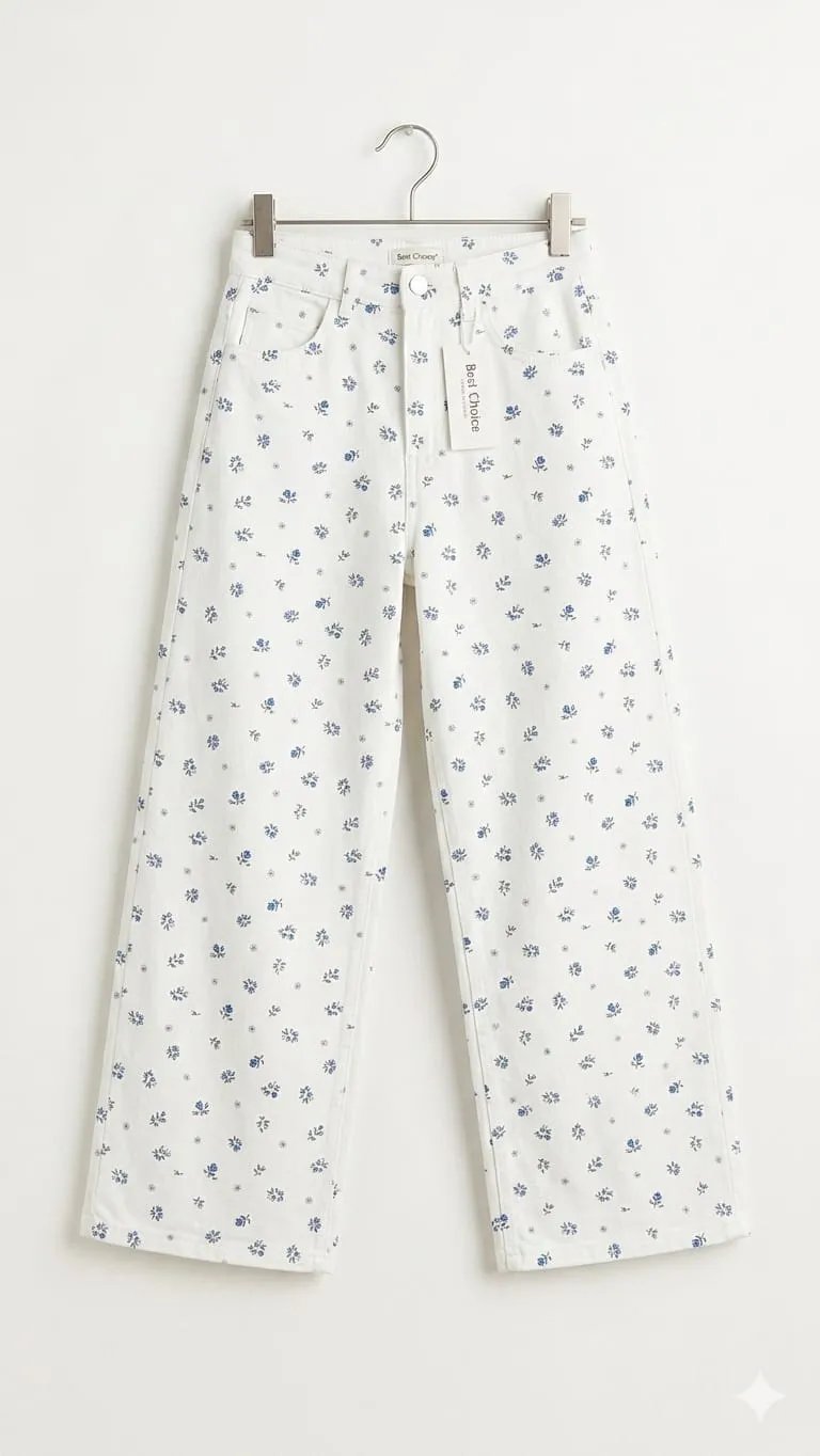 Blue Flower All Over Print White Cotton Pant Girls ( R-295 N )
