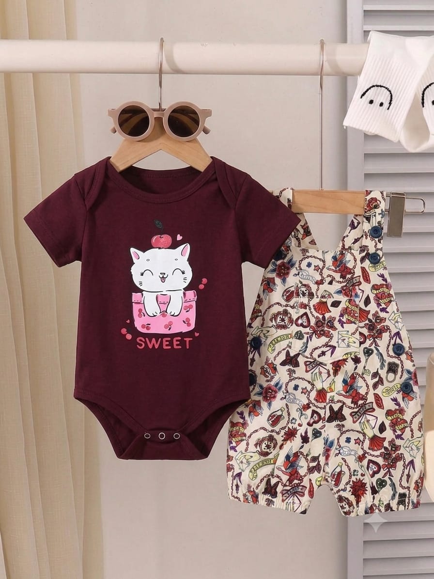 Sweet Cat Print Mahroon T-Shirt & Romper ( R-224 N )