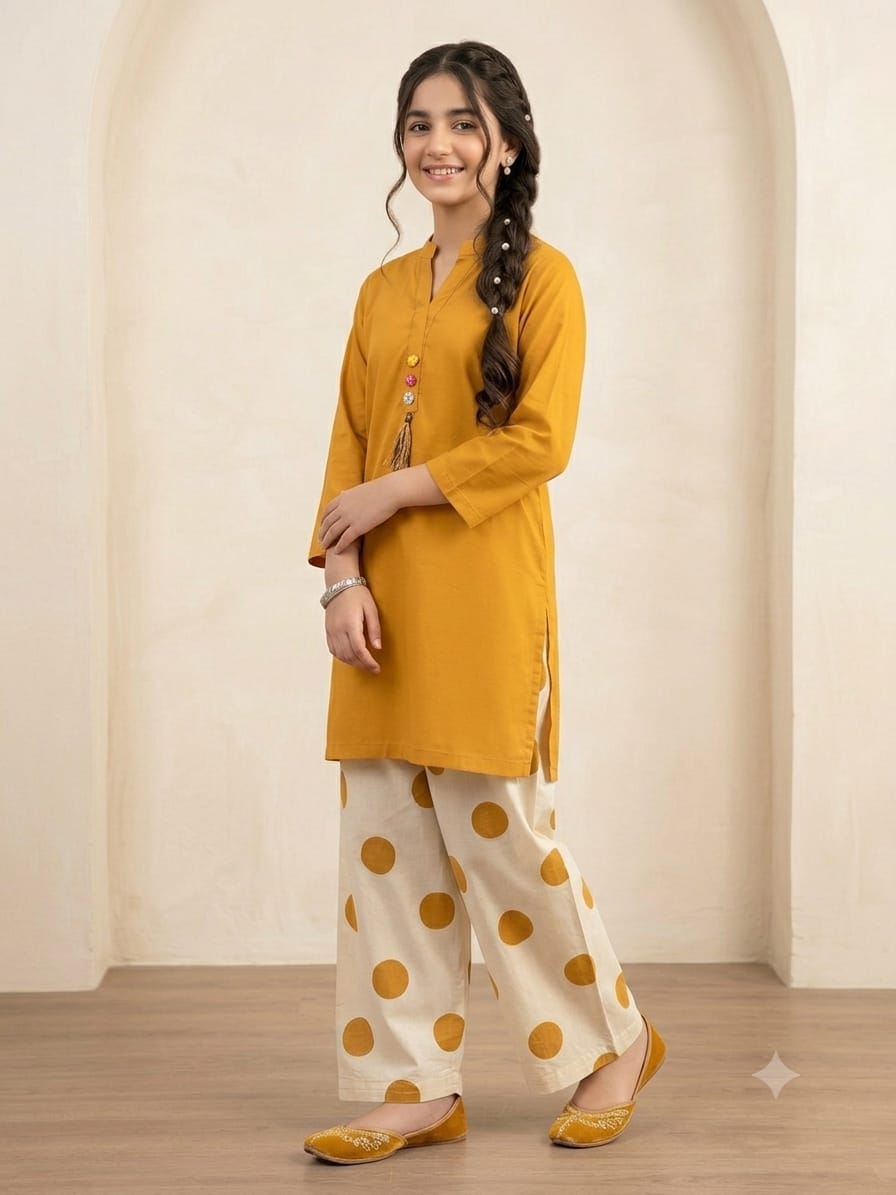 Simple Mustard With Farshi Shalwar 2 Pcs Suit Girls ( R-67 N, R-N )