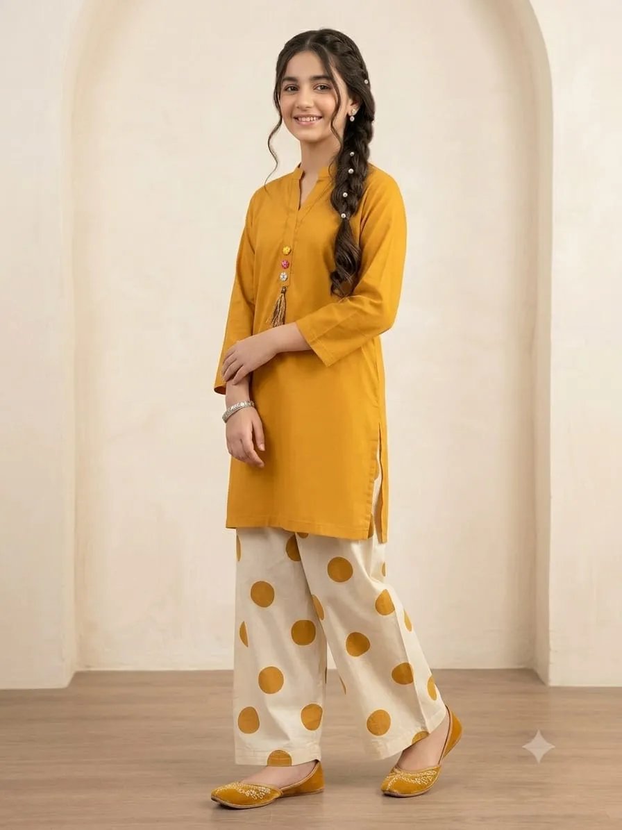 Simple Mustard With Farshi Shalwar 2 Pcs Suit Girls ( R-499 N )