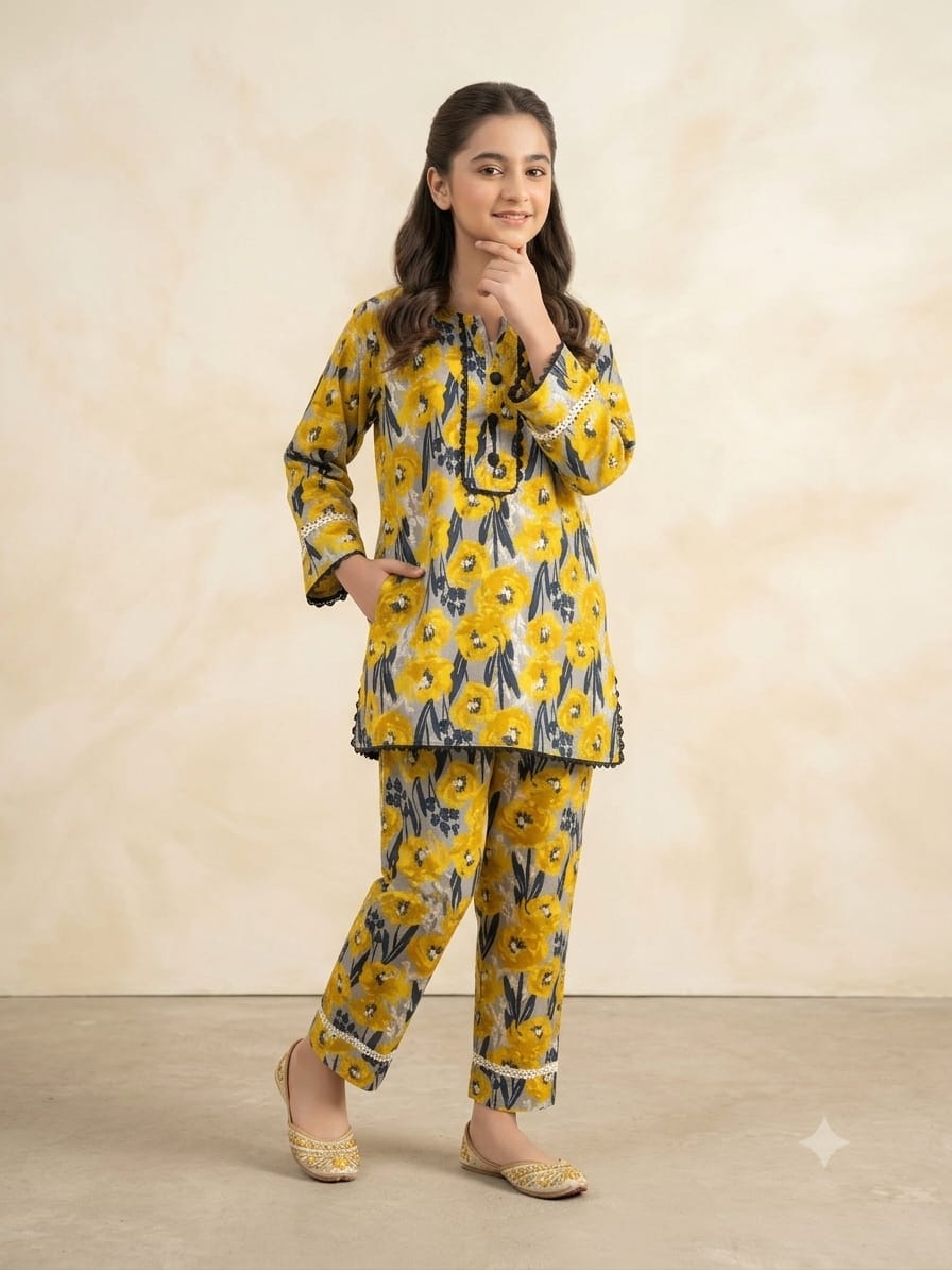 Yellow Flower Grey 2Pcs Suit-Girls ( R-129N )