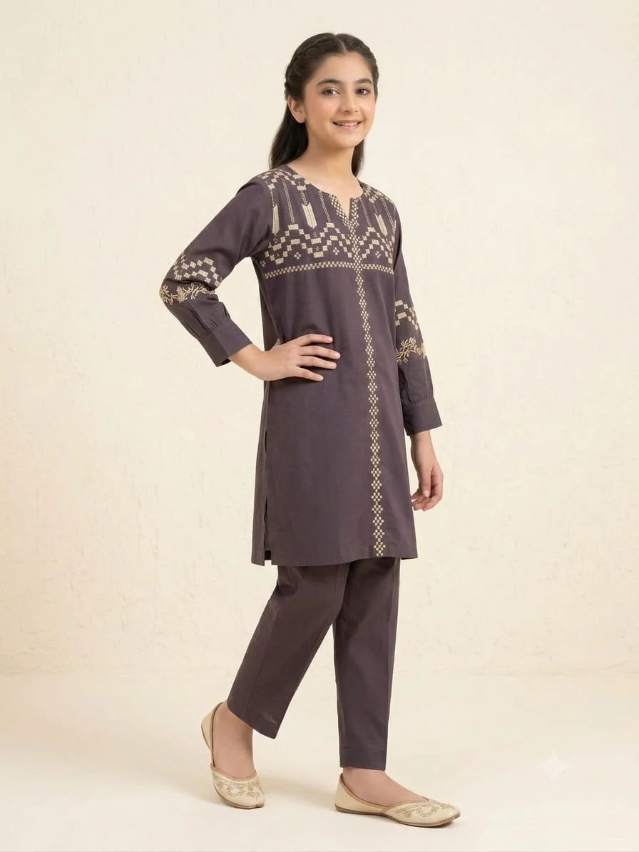 Front Embroidery Dark Mauve 2-Piece Suit Girls ( R-129 )
