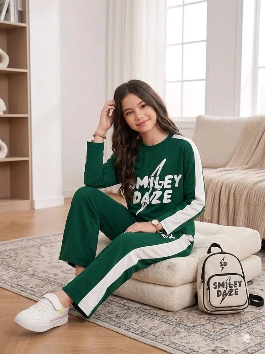 Smiley Daze Dark Green Baggy Trouser Shirt Girls ( R-508 N )