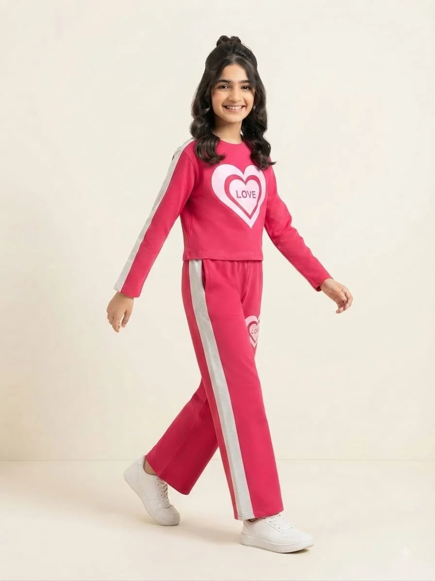 Love Heart Full Sleeve Pink Baggy Trouser Shirt Girls ( R-178 N )