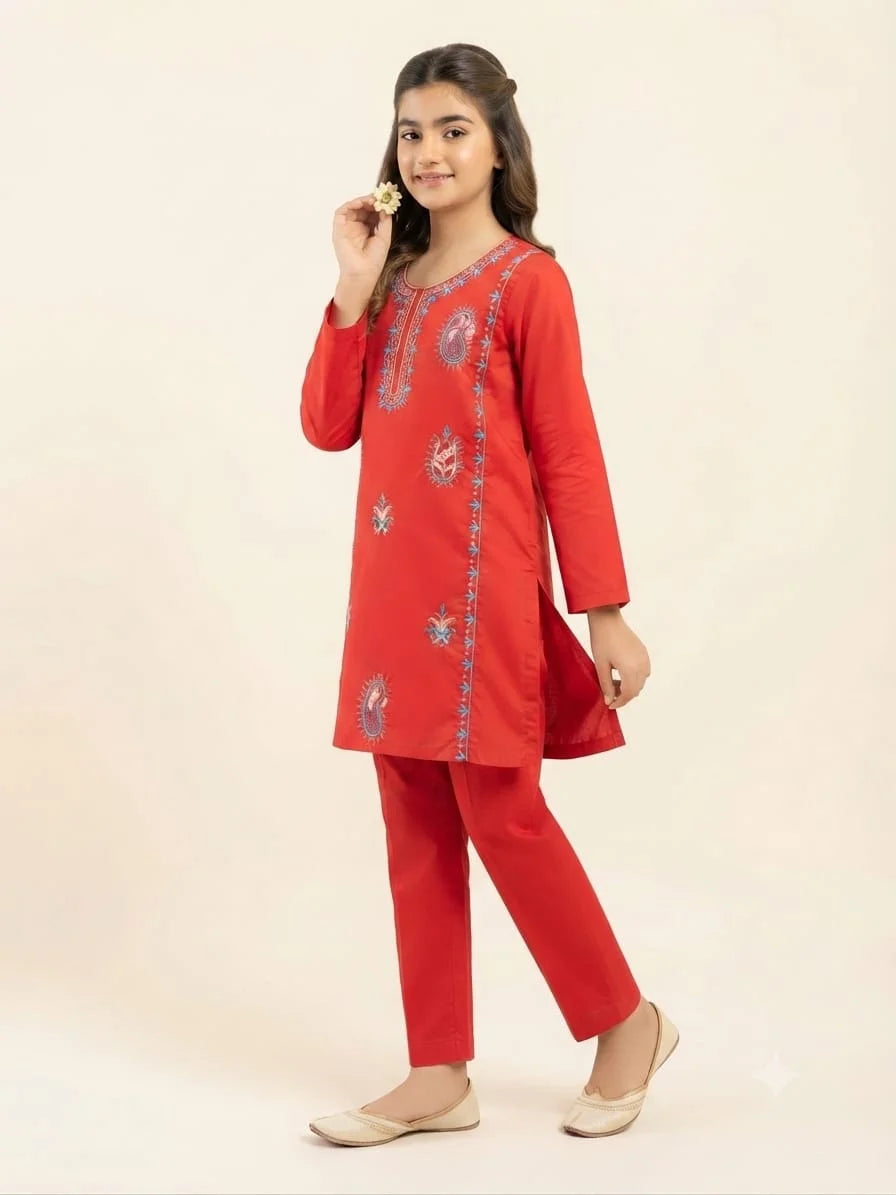 Front Embroidery Red 2 Pcs Suit Girls ( R-164 N )