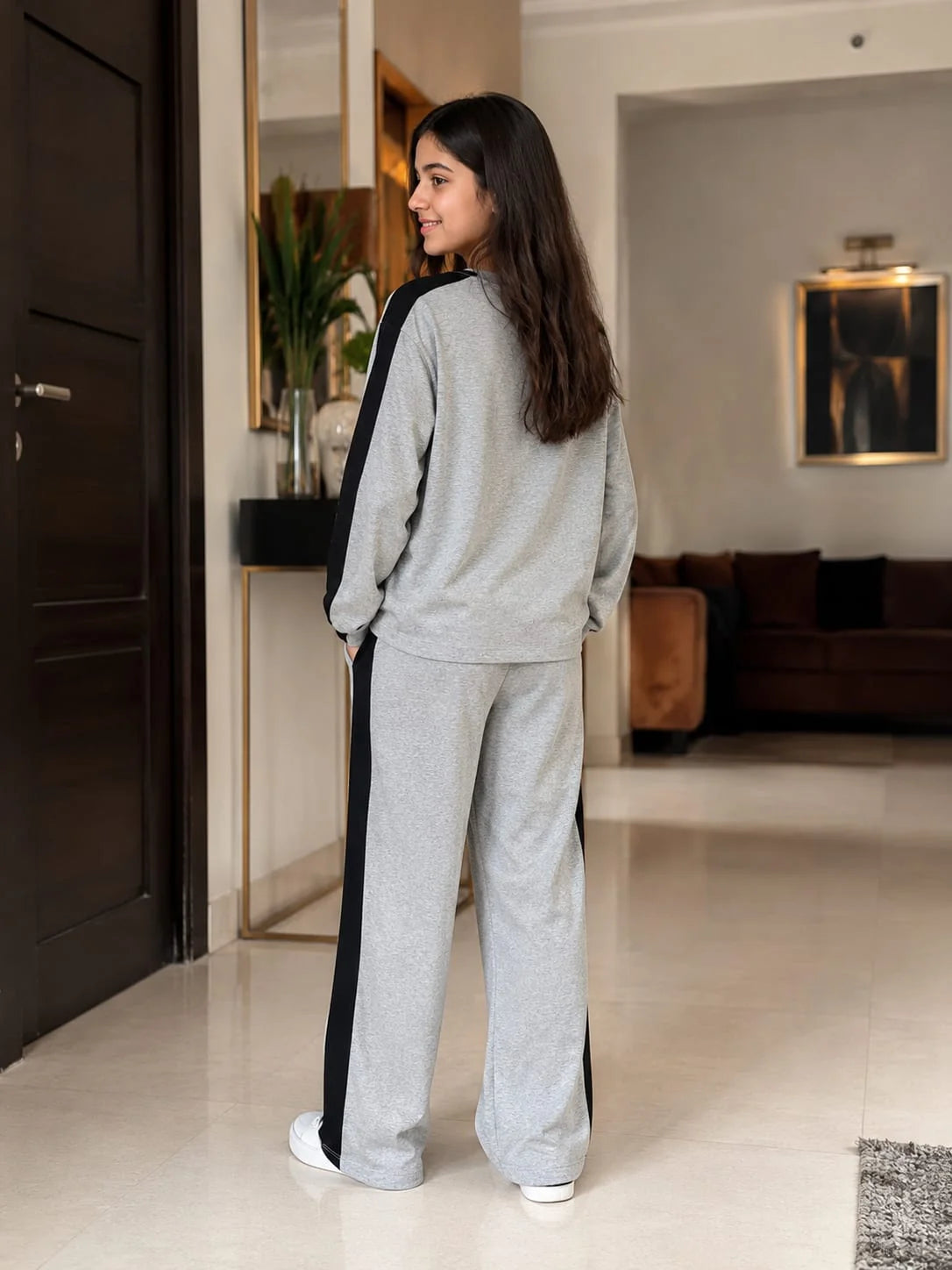 Smile Print Full Sleeve Oatmeal Baggy Trouser Shirt Girls ( R-325 N )