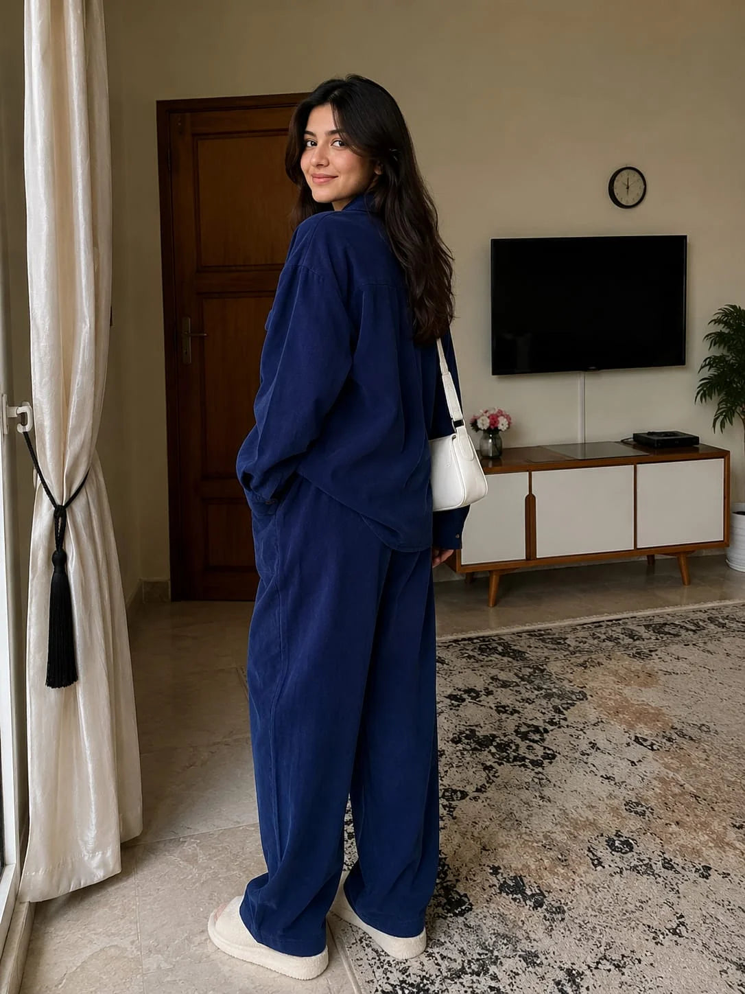 Two Side Pocket Blue ( Corduroy ) Coat Collar Suit Girls ( R-491 N )