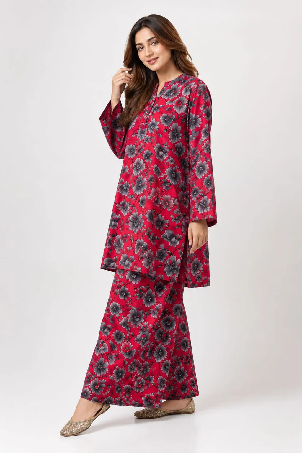 Grey Flower Print Carrot 2Pcs Suit For Women ( R-153 N )
