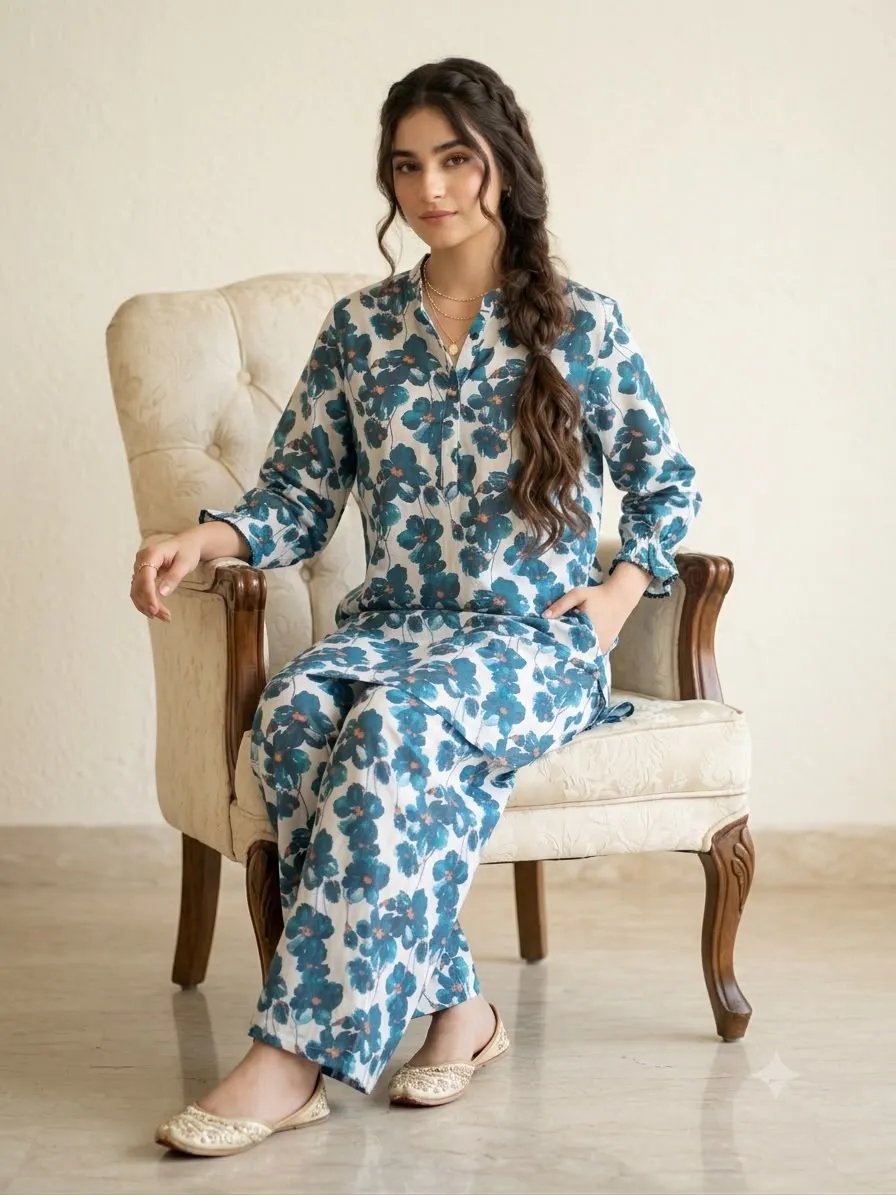 C- Green Flowers Print White Suit-Girls(R-373N)
