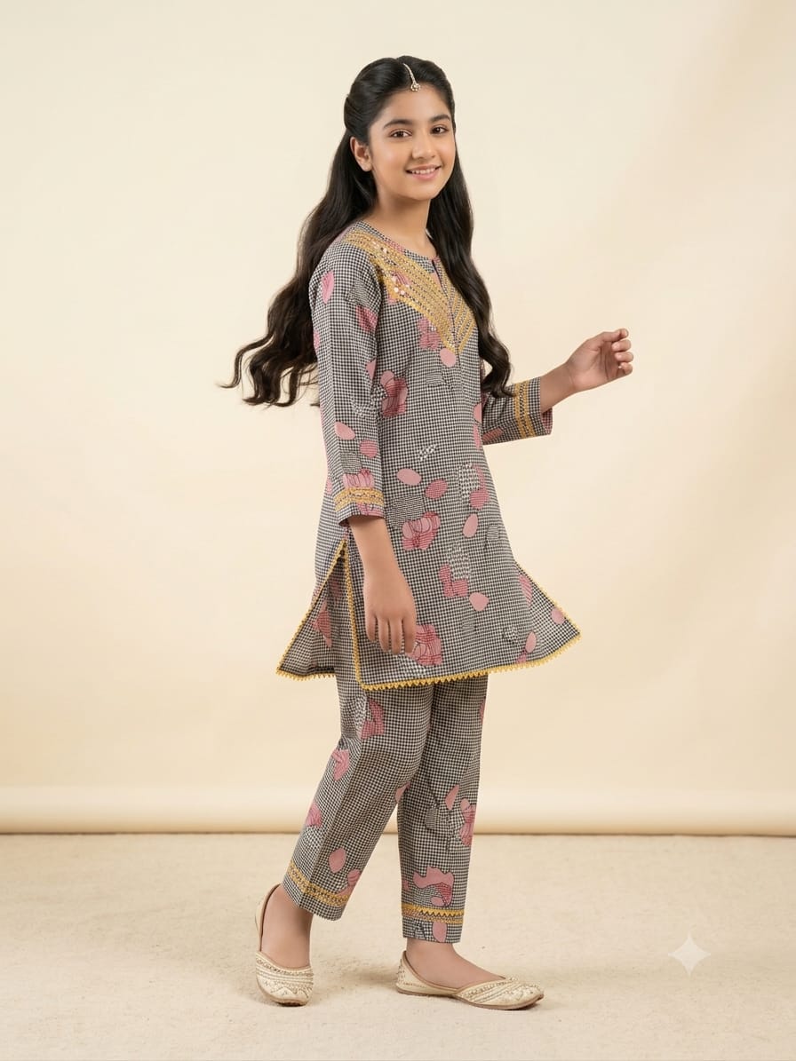 Front Lase Pink Flower Grey 2-Piece Suit Girls ( R-83 N )