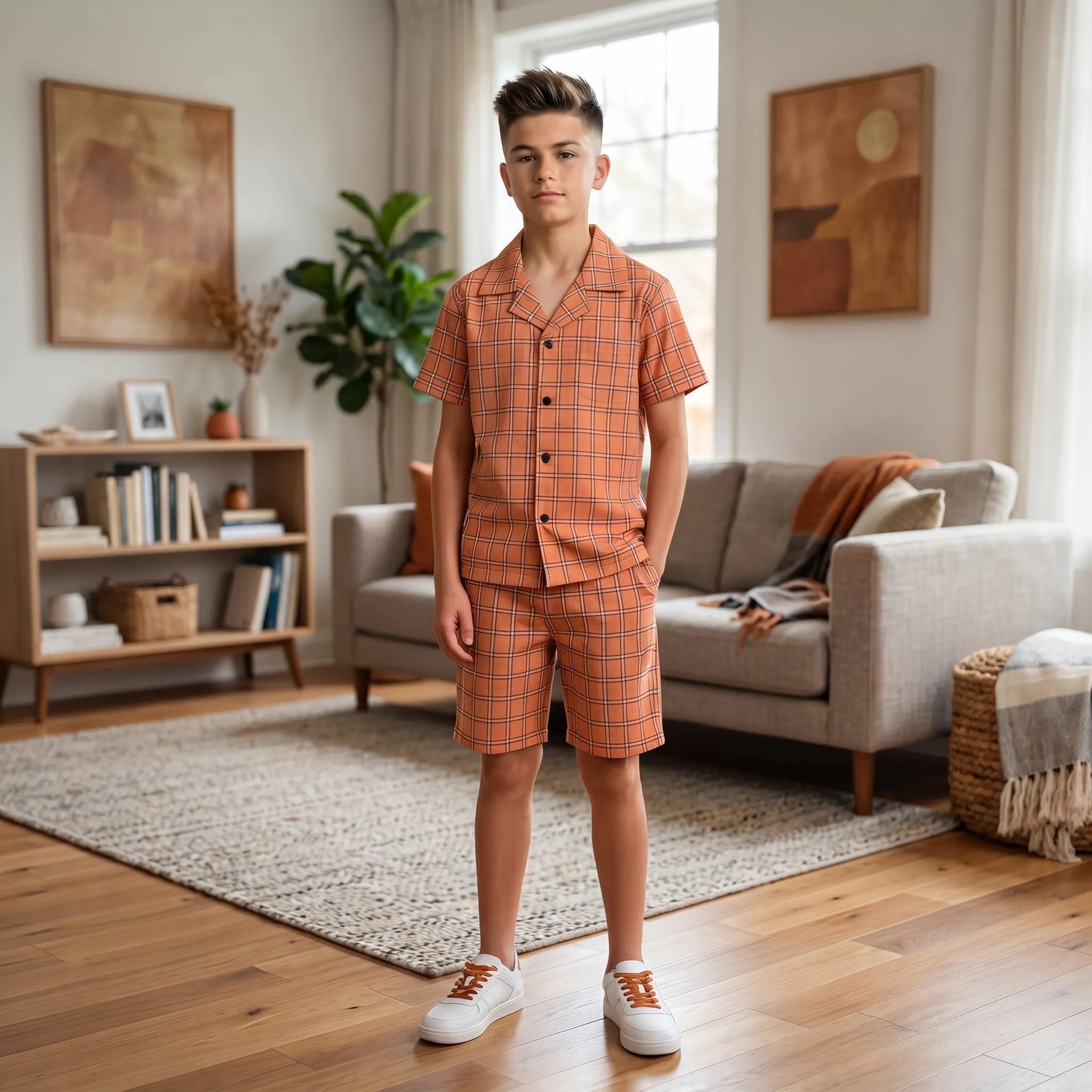 Peach Check Coat Collar Nicker Suit Boys ( R-51 N )
