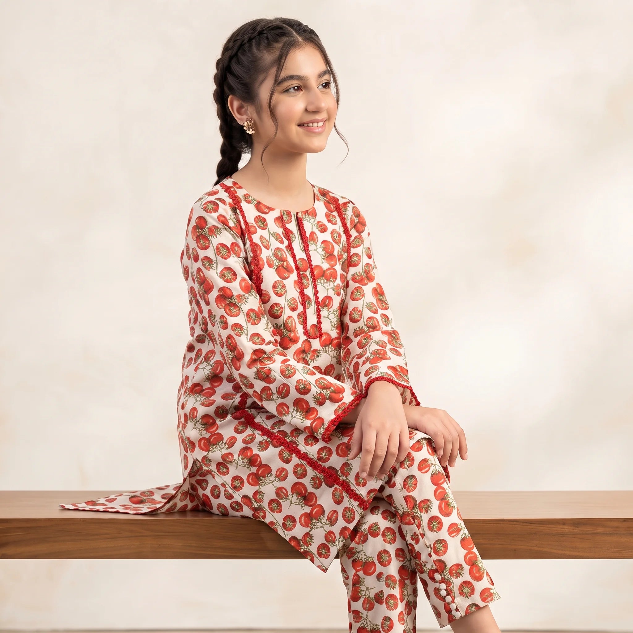 Cherry Tomato Print White 2-Piece Suit Girls ( R-460 )