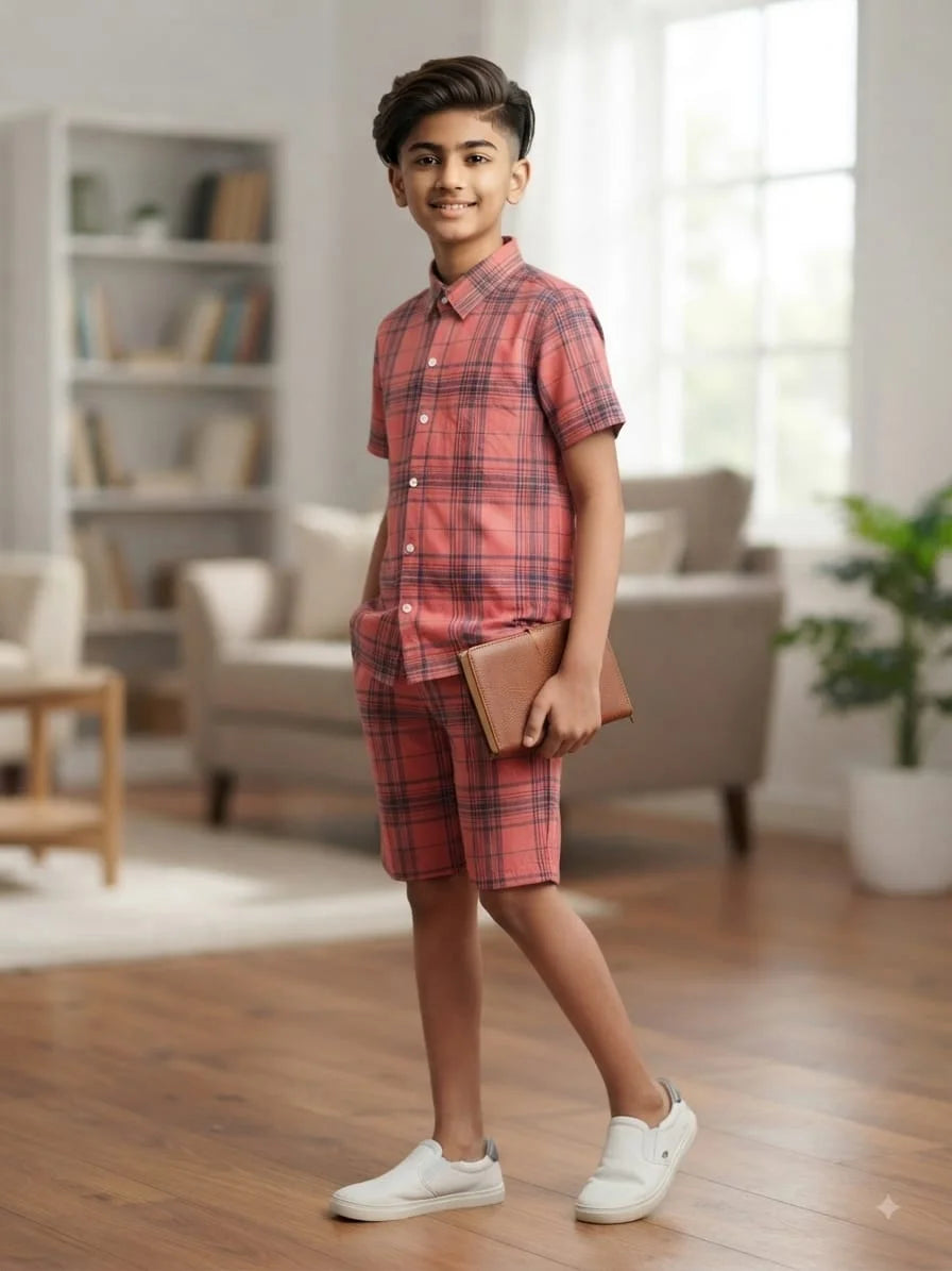 Coral Pink Check Casual Nicker Suit Boys ( R-23 N )