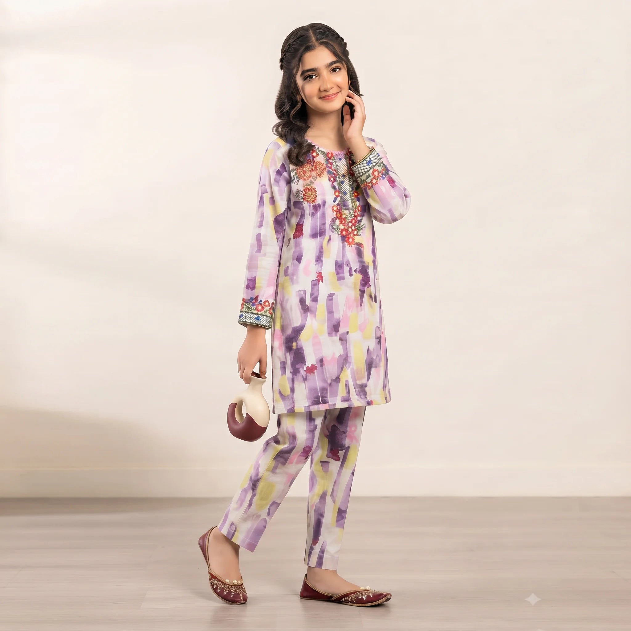 Front Embroidery Purple Shade White 2-Piece Suit Girls ( R-13 N )