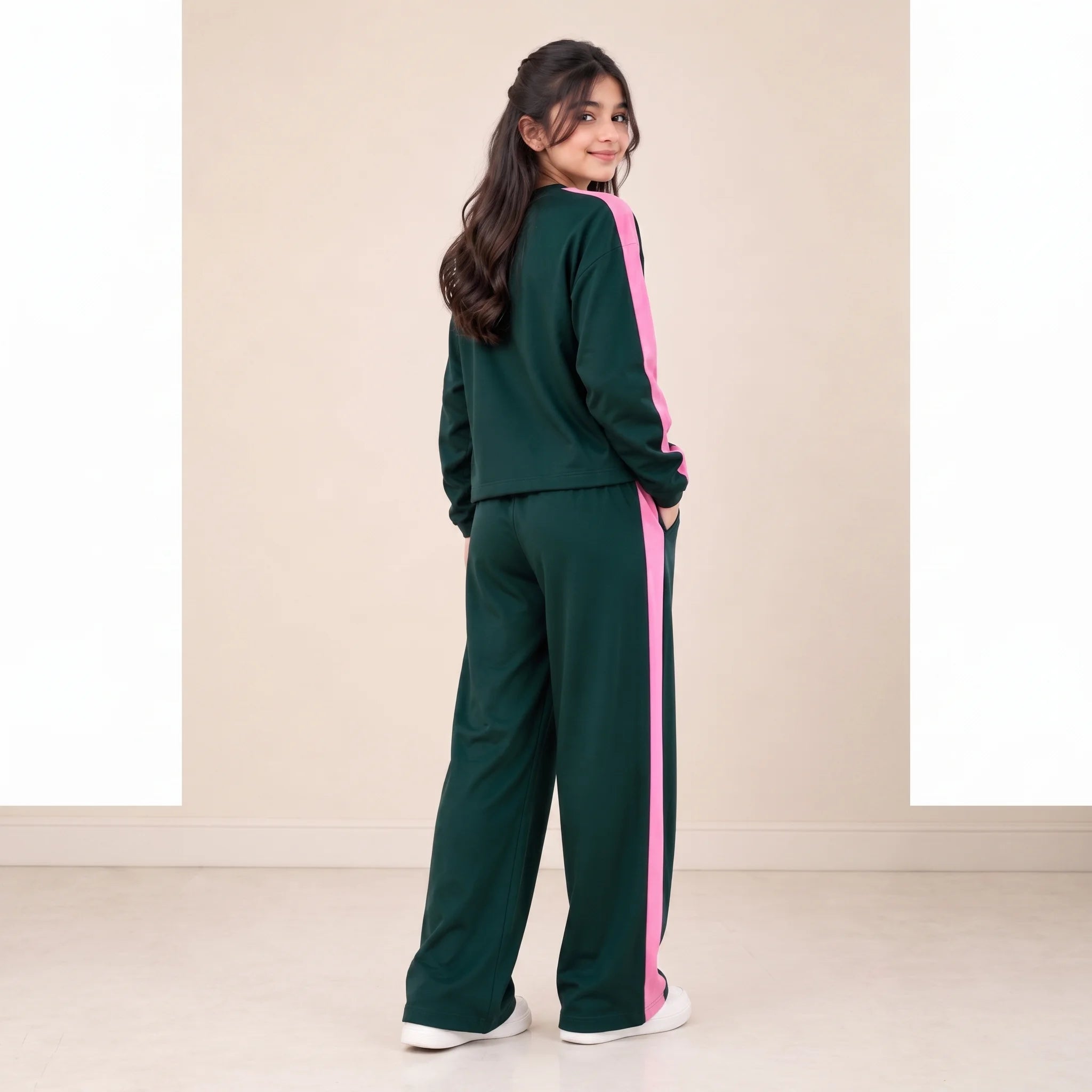 Bow Print Full Sleeve Dark Green Baggy Trouser Shirt Girls ( R-66 N )