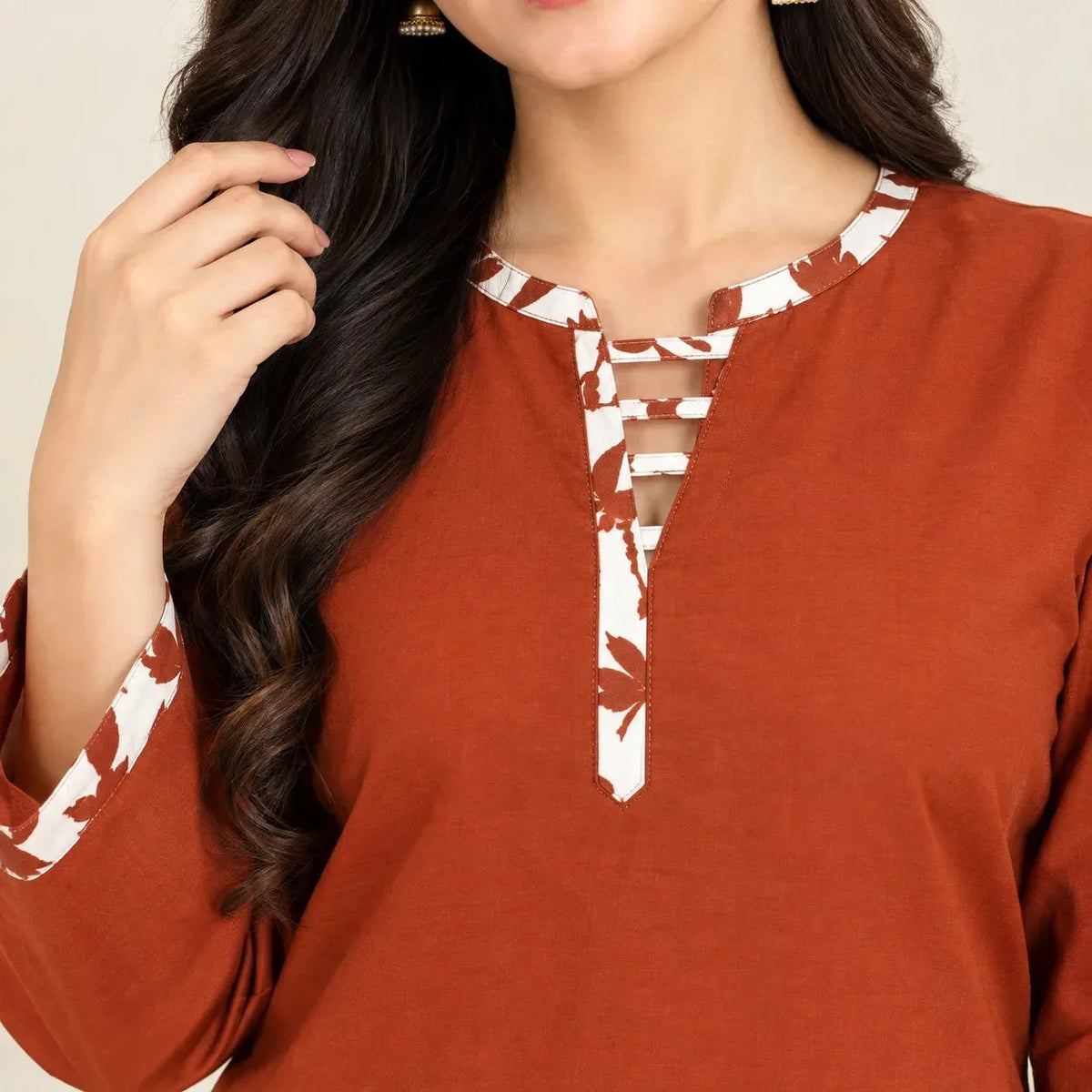 Terracotta Rust with Printed Wide-Leg Farshi Shalwar 2-Piece Suit For Women