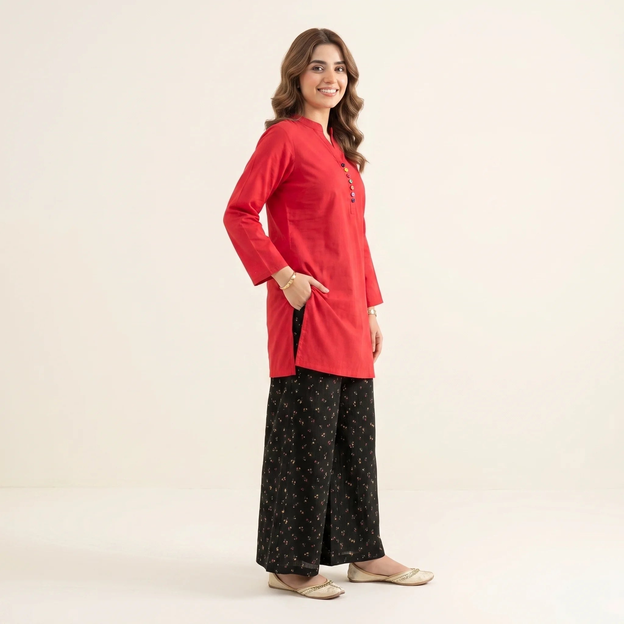 Simple Red Print Trouser 2Pcs Suit For Women ( R-162 N )