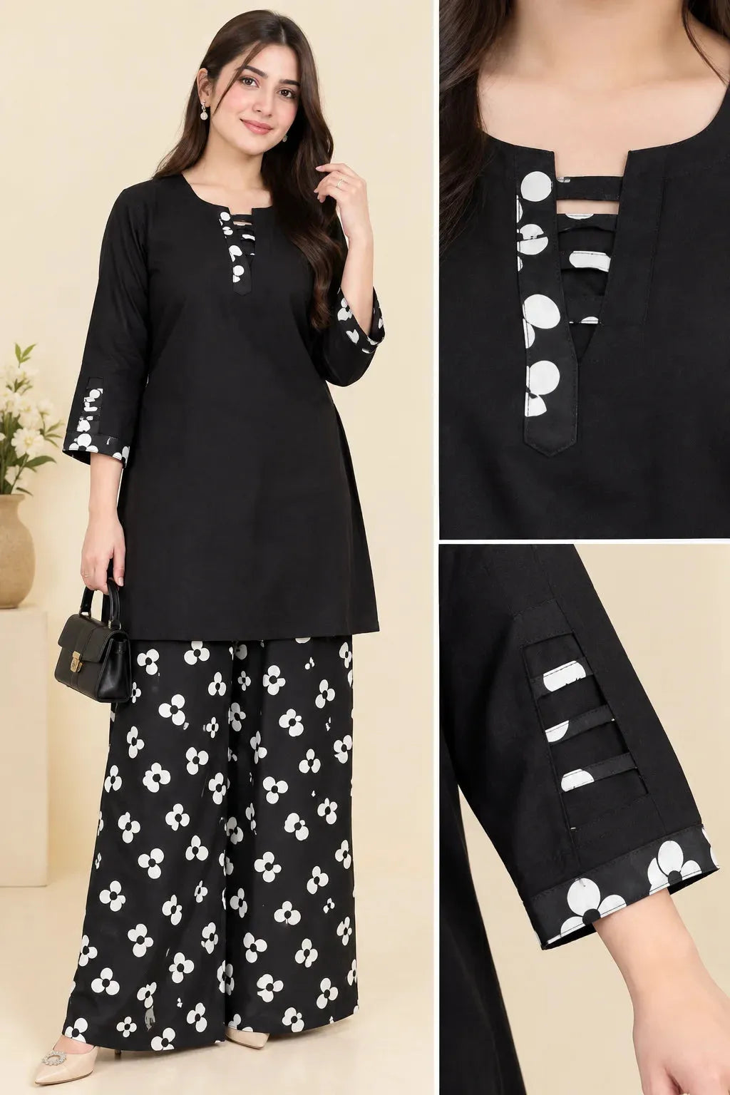 Black With Floral Printed Wide-Leg Farshi Shalwar 2-Piece Suit For Women