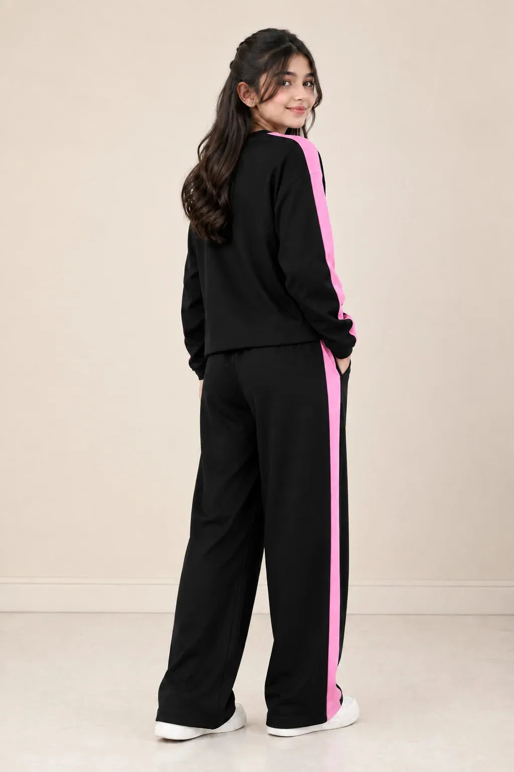 Bow Print Full Sleeve Black Baggy Trouser Shirt For Girls