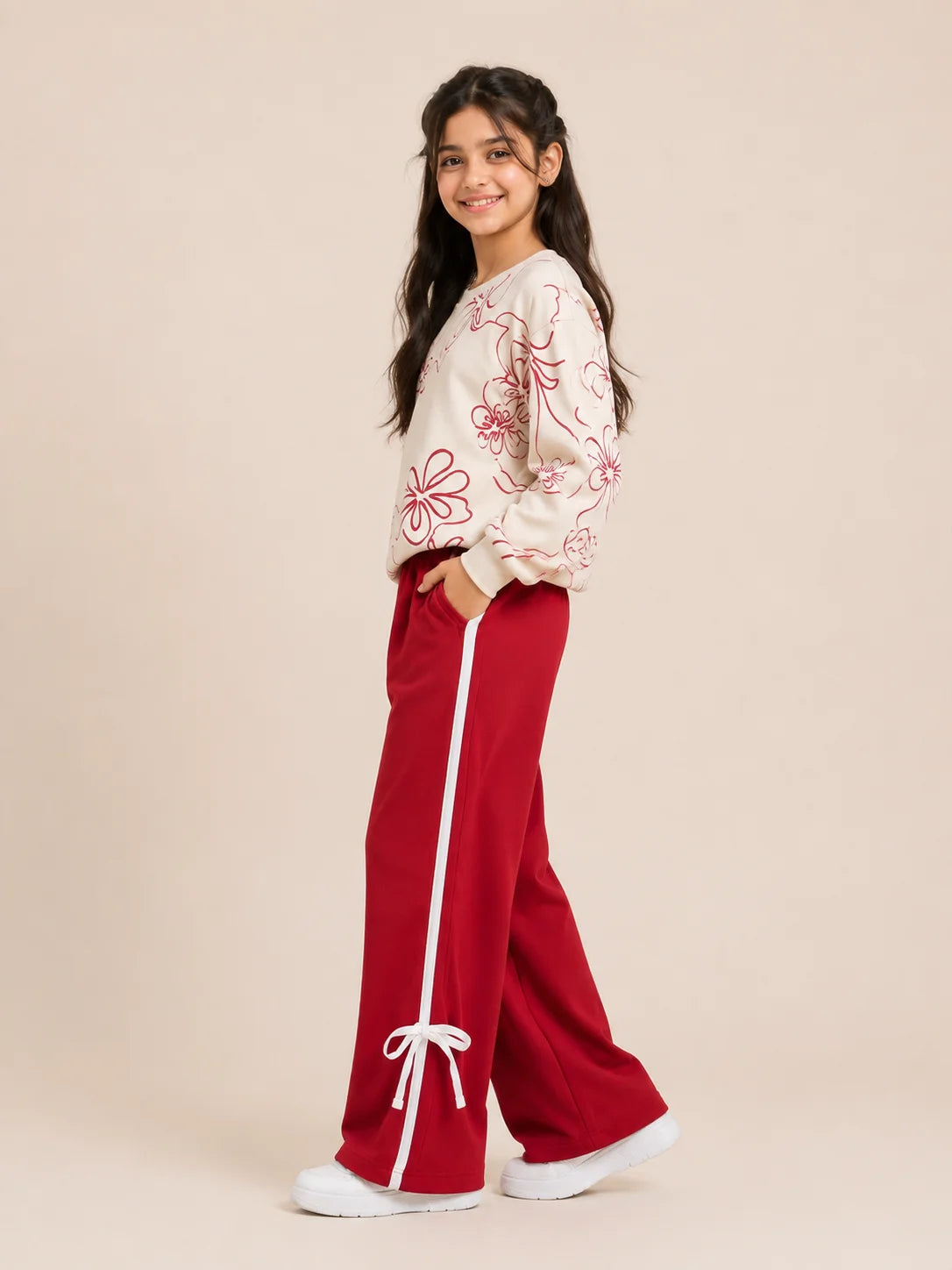 Floral Art Print Cream Red Track-Suit For Girls
