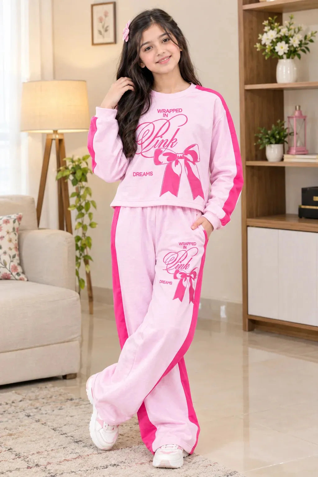 Bow Print" Full Sleeve Pink Panel Baby Pink Baggy Trouser Shirt For Girls ( R-506 N )
