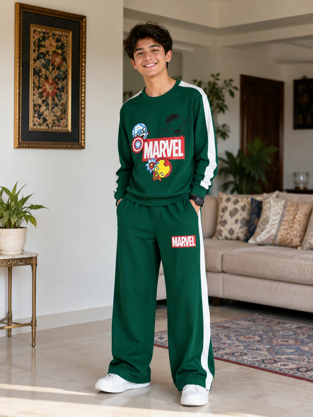 Marvel Print Full Sleeve Green Baggy Trouser Shirt Boys