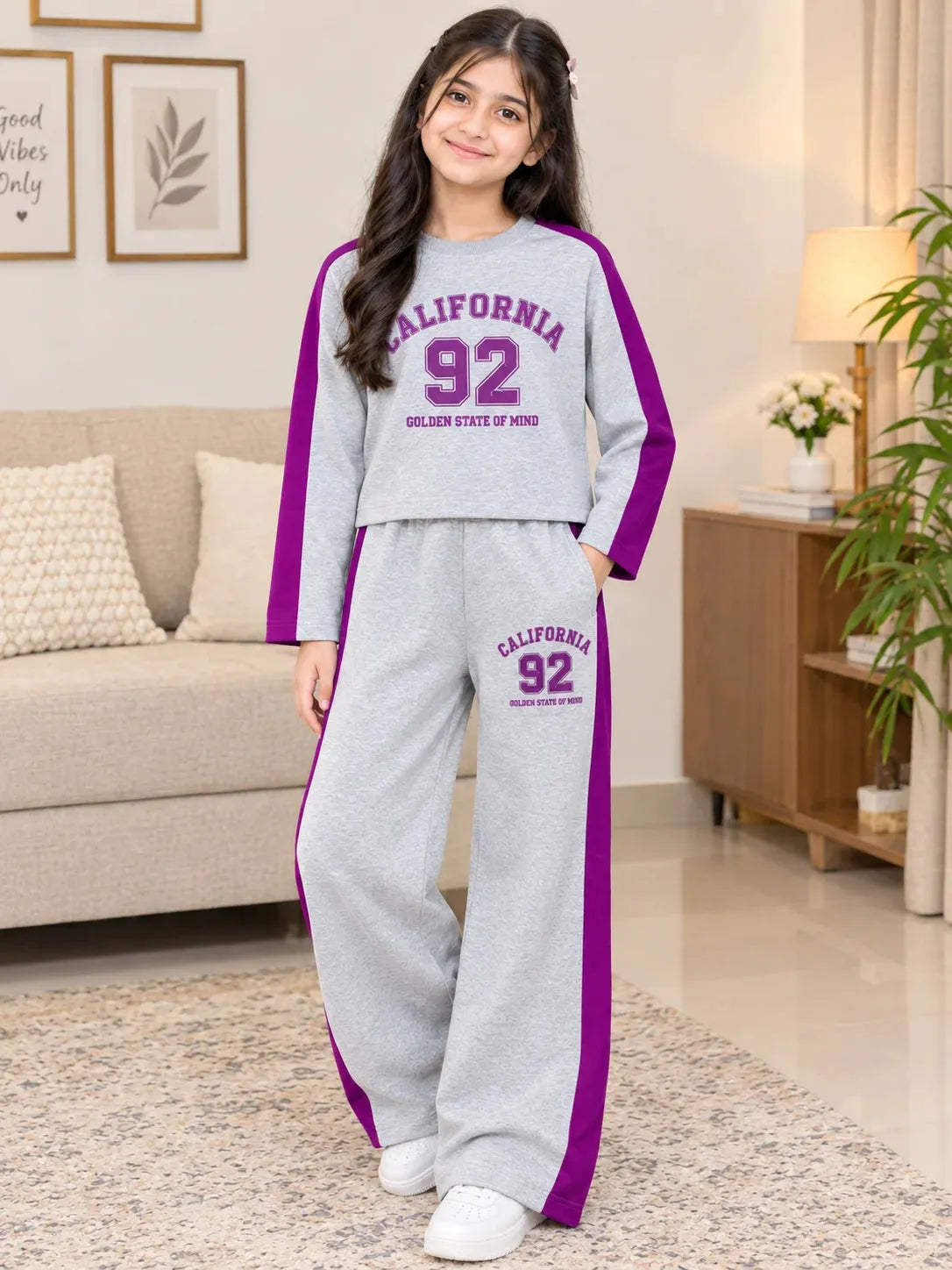 California Full Sleeve Oatmeal Baggy Trouser Shirt For Girls