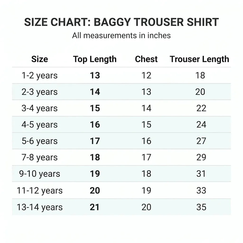 A size chart table for a baggy trouser shirt, showing measurements in inches by age group from 1-2 years to 13-14 years, with columns for Size, Top Length, Chest, and Trouser Length.