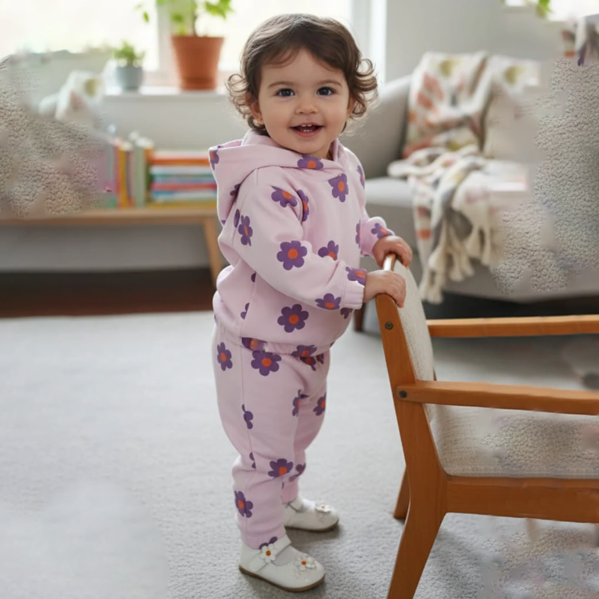 Purple Flower Allover Print Baby Pink Hoodies Track-Suit Newborn