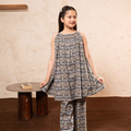 Floral Flower Print  Black Skirt Suit Girls ( R-137 )