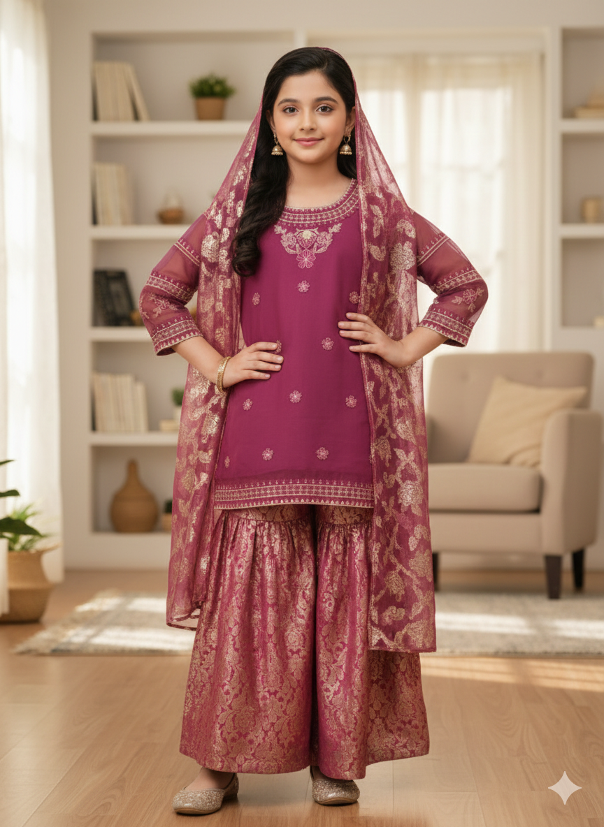 3Pcs Dark Pink Gharara Suit Girls (R-327)