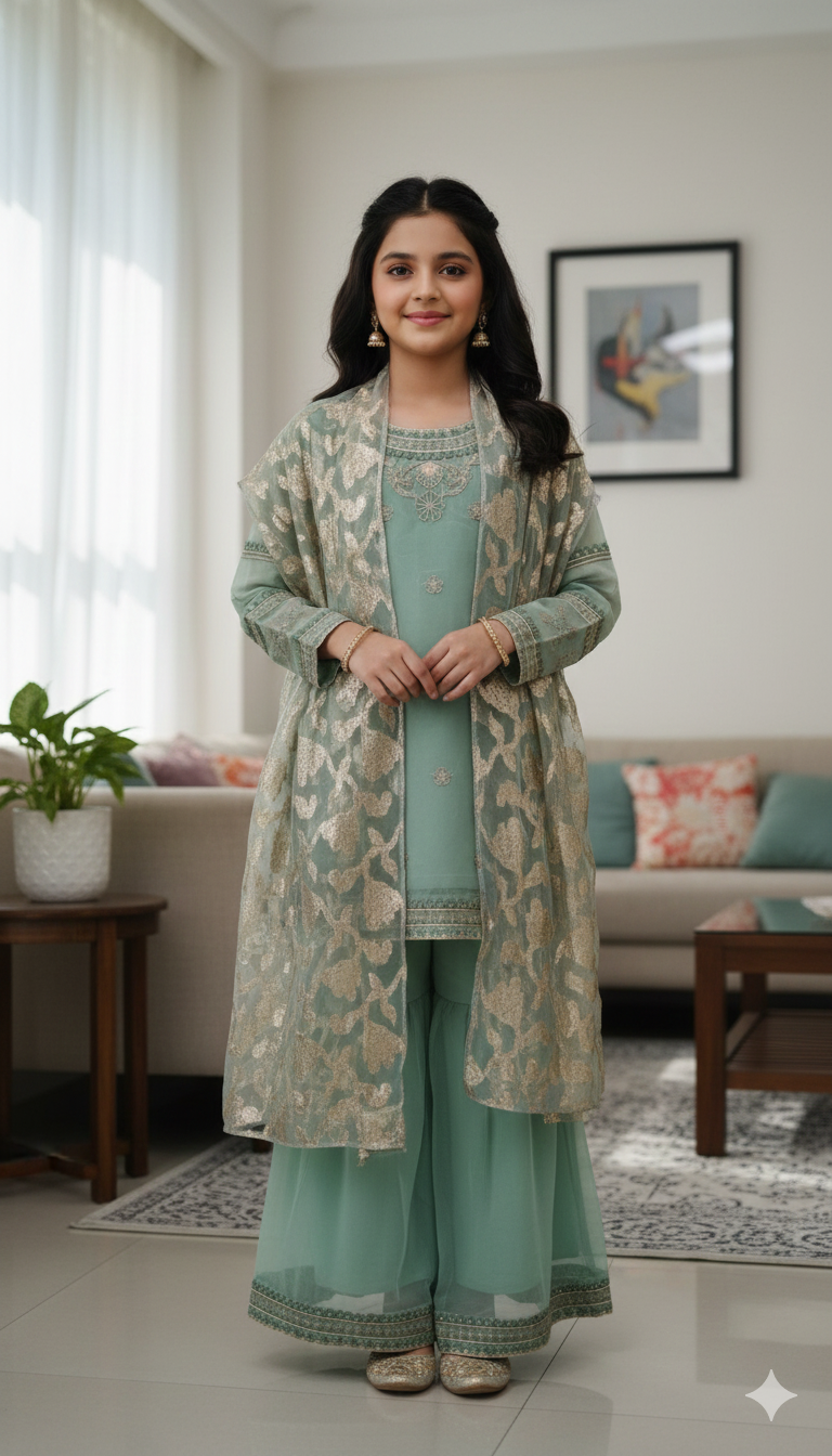 3Pcs Mint Green Gharara Suit Girls ( R-413 )