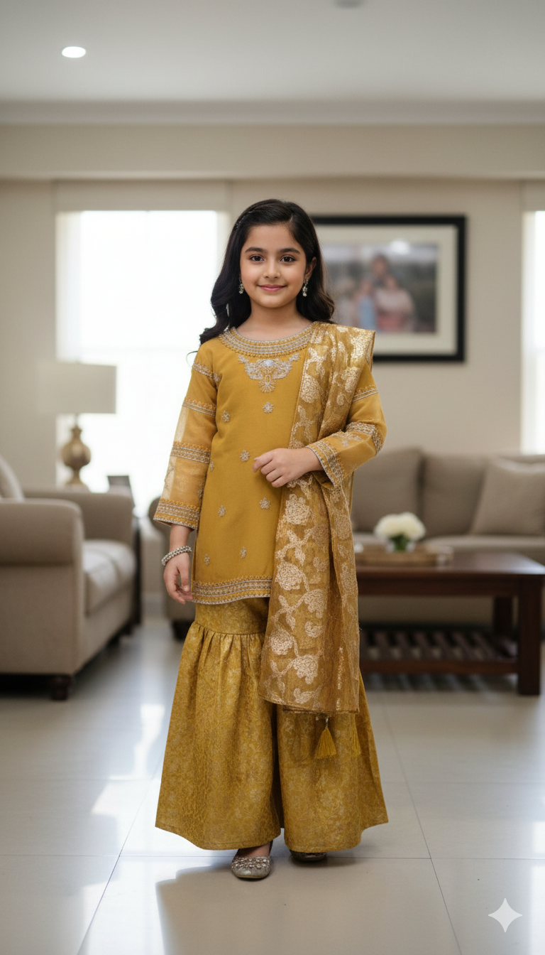 3Pcs Golden Gharara Suit Girls