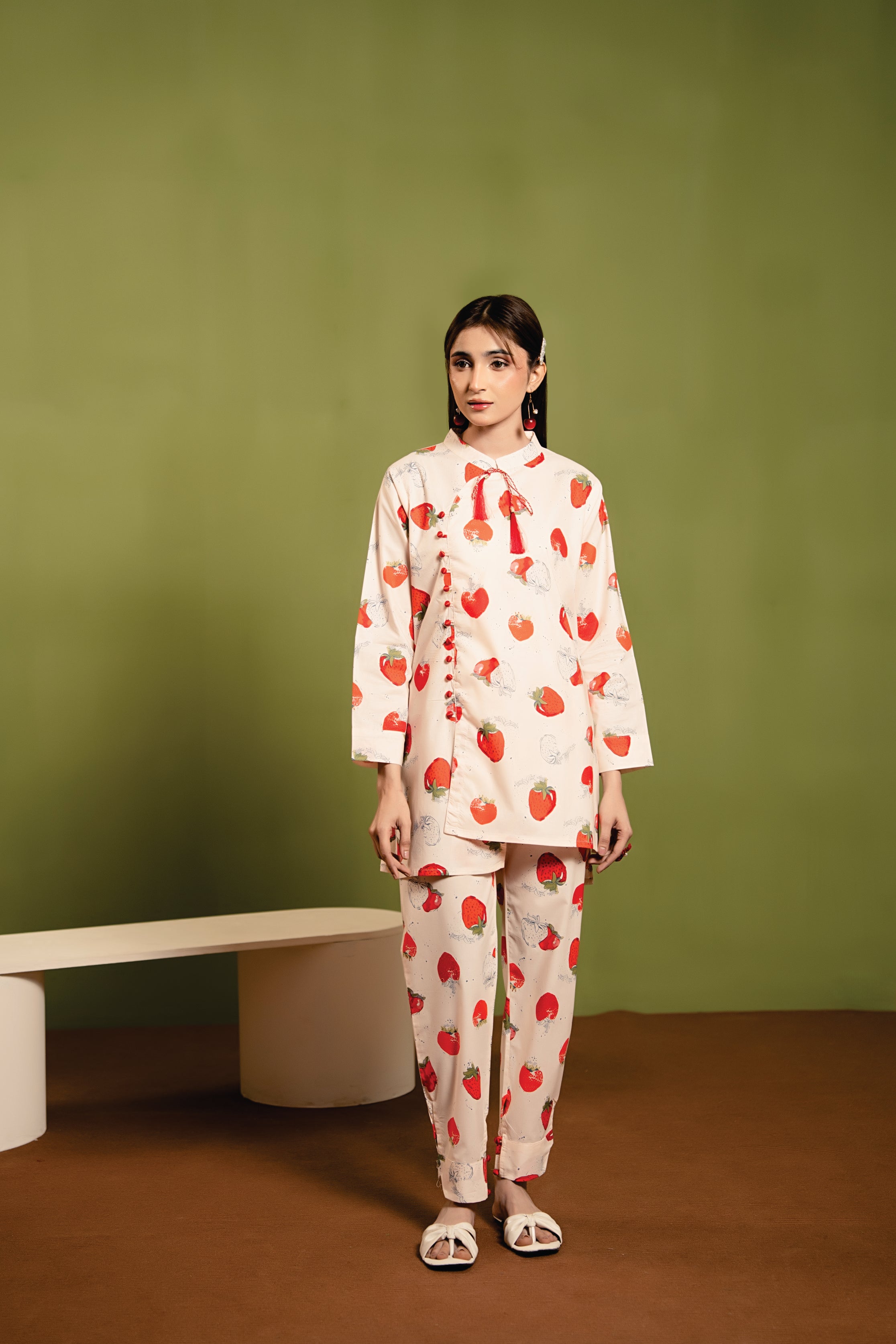 Cherry Print All Over Print Peach 2Pcs Suit Women(R-417N)